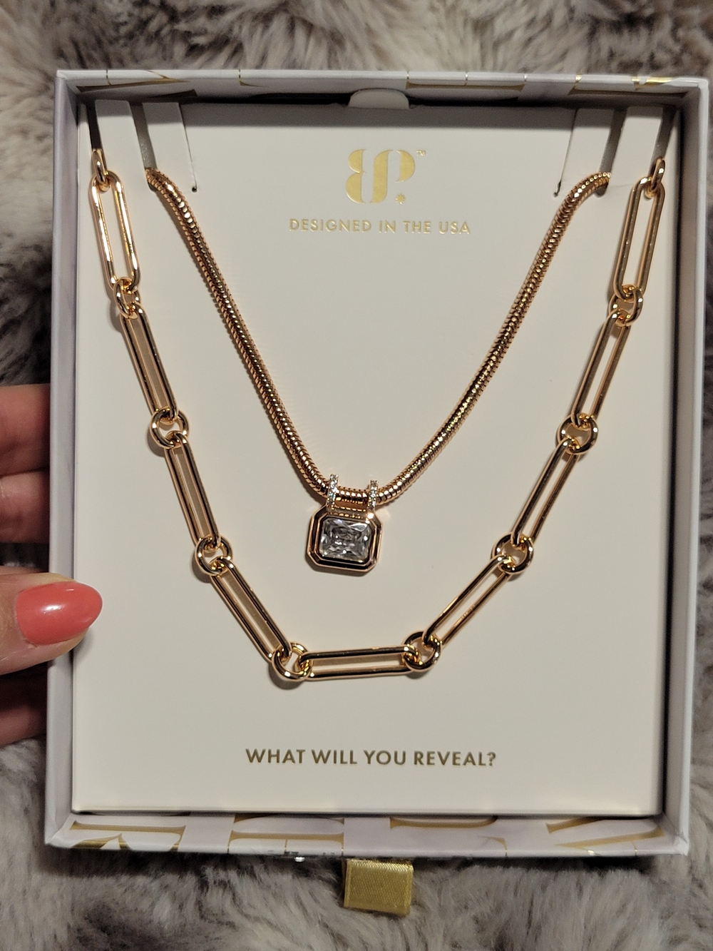 Gold-Tone Double Layer Necklace with Square CZ Pendant - Women